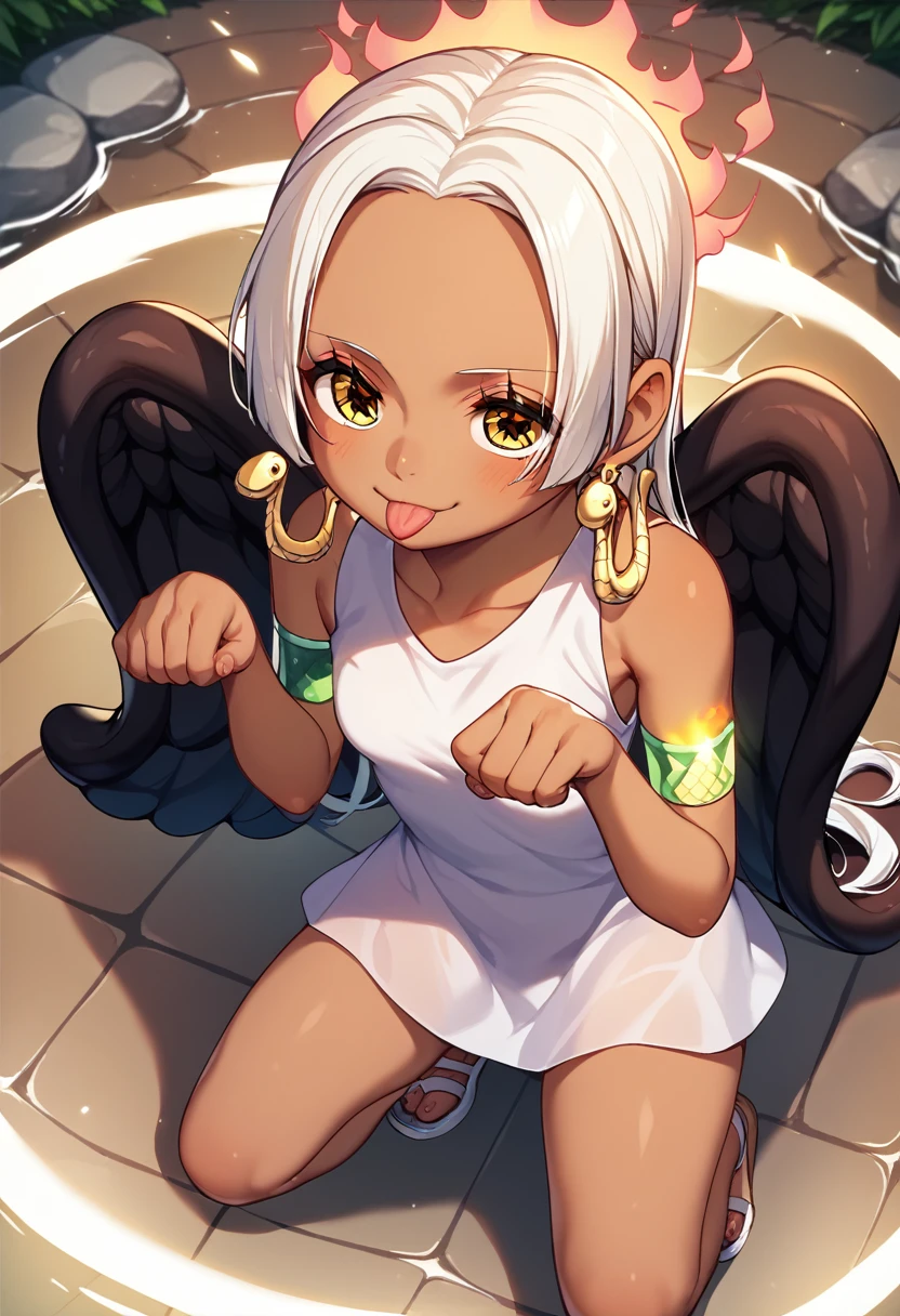 UHD, retina, textured skin, high details, high quality, best quality,  highres icon, 1080P, HD, 16k、1 Girl,Earthsnake , Long Hair, white hair, Brown Skin、,  earrings for a woman alone, Yellow Eyes, symbol-shaped pupils,  black wings  ,  small breasts.  sundress,  white dress,  sleeveless, armlet、 cute、Flames on the back、flat chest、full body、looking up、from above、squatting、 cute、 sexy、Stick one’s tongue out、panties、paw pose、hot spring