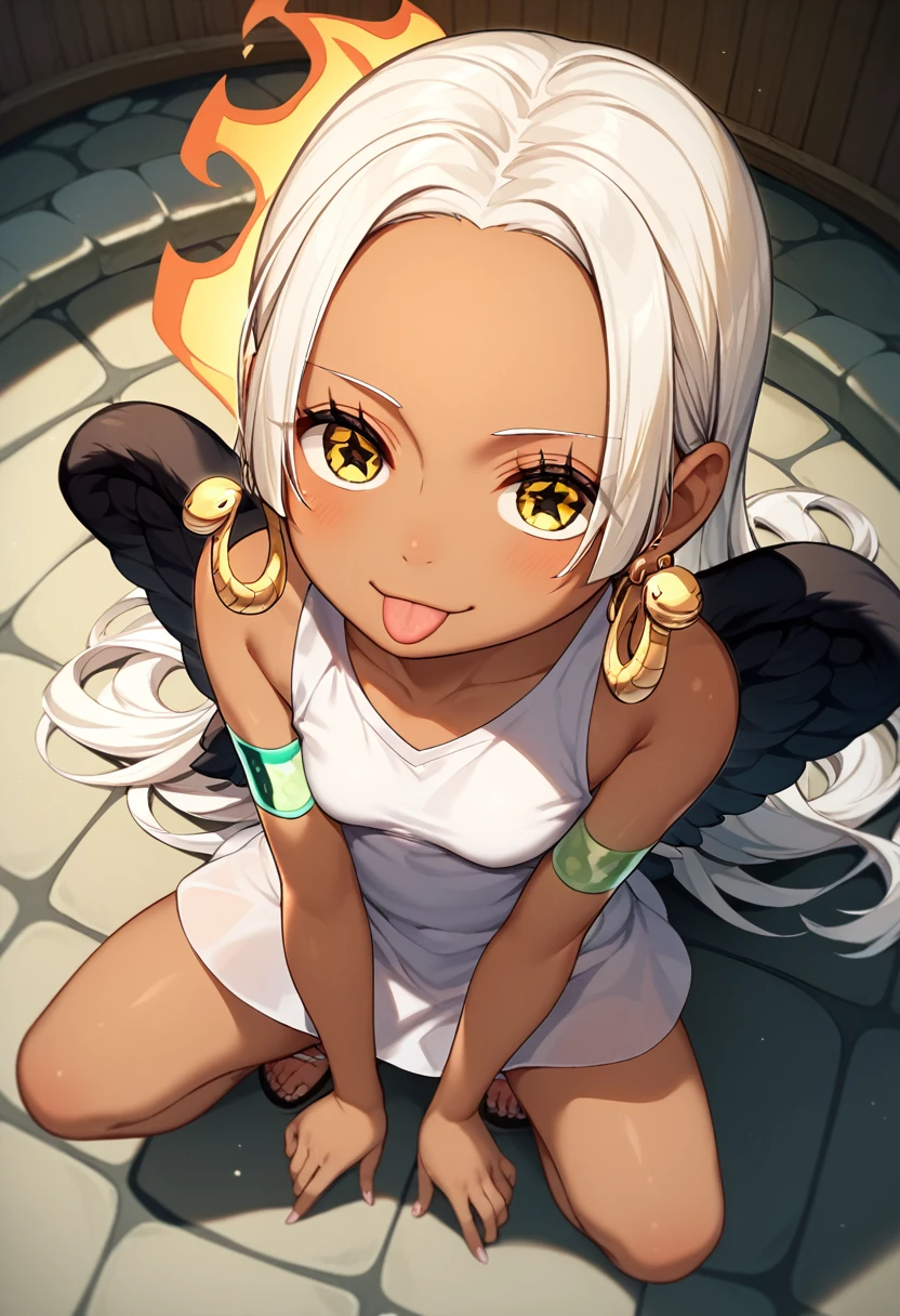 UHD, retina, textured skin, high details, high quality, best quality,  highres icon, 1080P, HD, 16k、1 Girl,Earthsnake , Long Hair, white hair, Brown Skin、,  earrings for a woman alone, Yellow Eyes, symbol-shaped pupils,  black wings  ,  small breasts.  sundress,  white dress,  sleeveless, armlet、 cute、Flames on the back、flat chest、full body、looking up、from above、squatting、 cute、 sexy、Stick one’s tongue out、panties、paw pose、hot spring