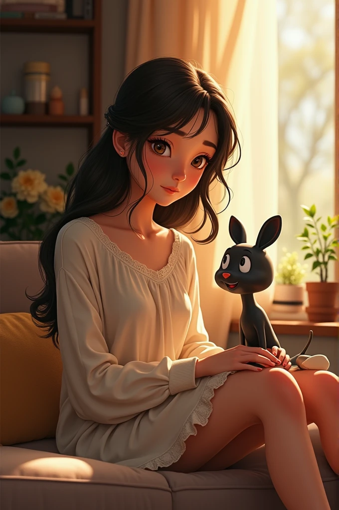 Menina de brusa listrada roxa e preto cabelo preto longo com orelha de coelho roxa , o desenho no estilo Disney
