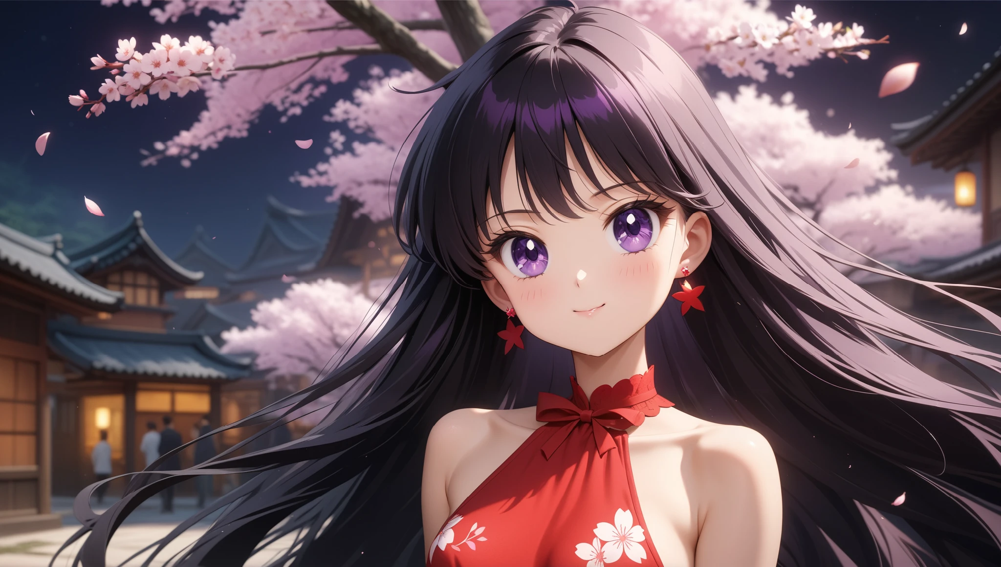 colorful, (masterpiece, best quality, very aesthetic , ultra detailed), intriguing details , 4K, long hair, black hair, hair combed to the side, earrings, purple eyes, small breast, 1girl, usagi's birthday, cute red dress with neck, white cherry blossoms printed, smile, black belt, detailed background, intricate details, black night, Various sexy poses, Depicts the whole body