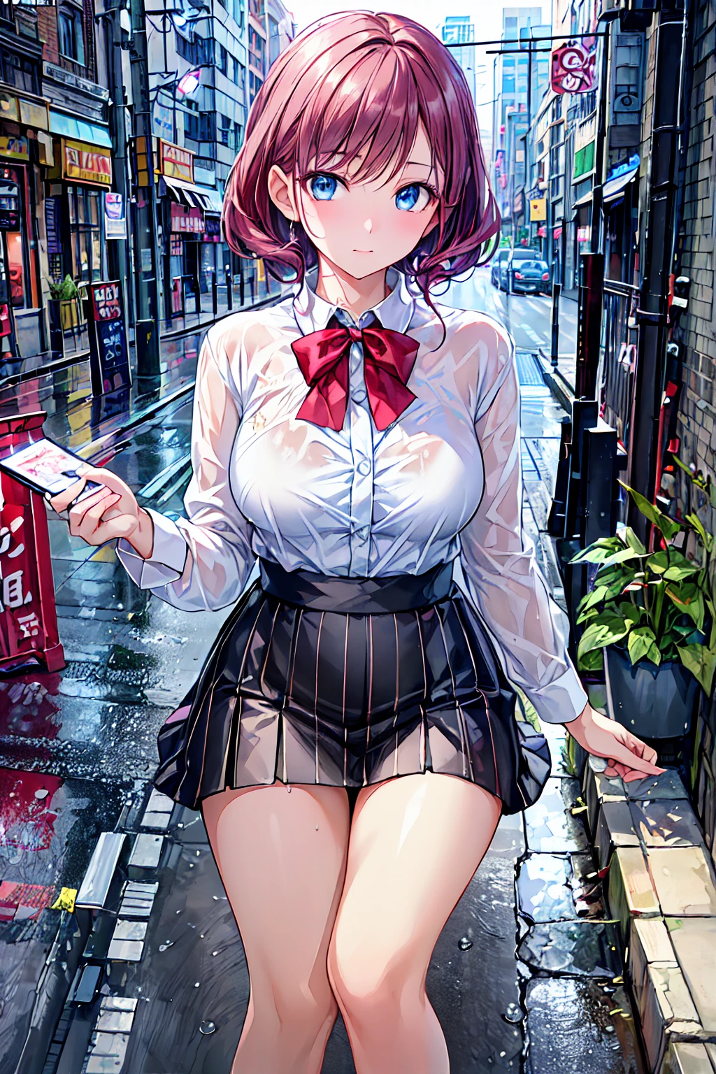 detailed illustration, close up, of a mature chubby woman, ameyaerika, pretty face,pink hair, side ponytail, hair bow, hair ornament, bangs, wavy hair, long hair, pink eyes, earrings, gigantic breasts, necklace, jewelry, blue bowtie, white shirt, clothes around waist, green skirt, plaid skirt, school uniform, smile, closed mouth, plump lips, outdoors, busy street, cinematic lighting, hires, volumetric lighting, highly detailed background, masterpiece, <lora:add_detail:0.5> <lora:hairdetailer:0.5> <lora:Ameya-Erika:0.7>