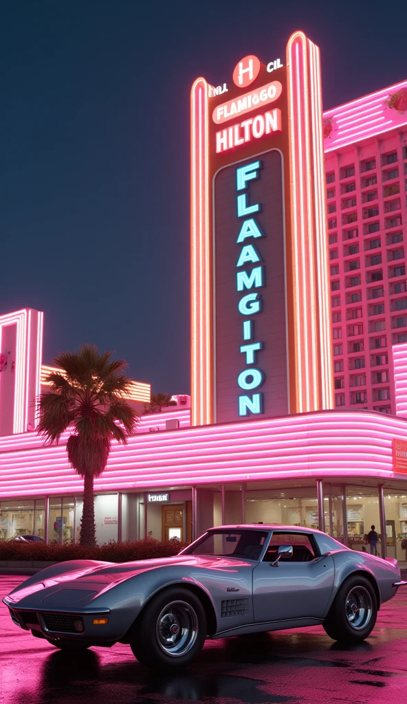 １９７０Chevrolet Corvette Stingray next to a Las Vegas hotel on the night of the ages