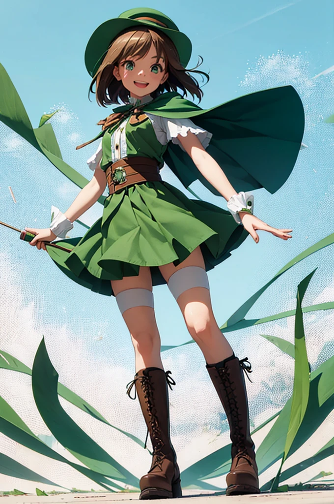 as a cartoon girl dressed in a green skirt and hat standing on one leg, 1girl, solo, green eyes, hat, bandaid on leg, dress, bandaid, open mouth, hair ornament, full body, short hair, smile, boots, capelet, brown hair