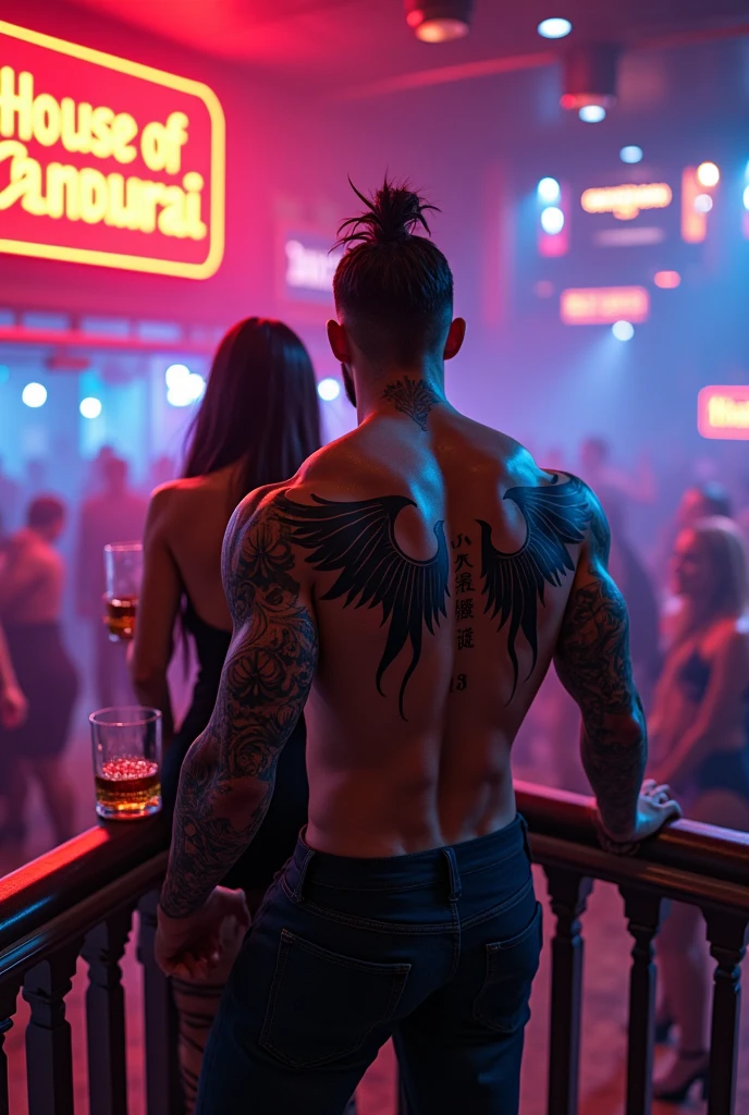 Tall Muscular man inside a nightclub standing on a balcony over looking the crowd of attractive smartly dressed men & women dancing together, with a large light up sign above the DJ area which reads
"HousE Of Samurai" in light up bold white text.
Surrounded by rgb lighting shining down onto the crowd of people.

The man is facing away from the viewer, and his topless muscular back is facing us, as he is leaned over the balcony railing with a small whisky glass in his hand. On his upper shoulders are the words "MERCENARY FOR HIRE" tattooed in a curved arch shape, with some very large devil wings tattooed across his entire middle & lower back in black ink. He also has the entirety of both his arms covered in detailed black & grey tattoos, with "-IlI- Il" tattooed on the back of his neck, he looks over his muscular shoulder whilst taking a drink from his whisky glass with an angry look on his face.

The man is mixed raced and is half black and half white, and is from america, he has tied up dreads with the sides of his head completely shaved. As he looks back over his muscular shoulder it reveals a small dagger tattoo which is down the side of his face, with the number "18" also tattooed in very small text just under his left eye. & he has a trimmed beard.

The man is shirtless & is wearing tight black jeans, a black leather belt, & black on black nike shoes, with his smart black shirt being laid over the balcony railings beside him.

An attractive female model in a short sleeveless tight black dress with long blonde hair in a tall braided ponytail, very large breasts, as she behind the man carrying a large bottle of vodka in both hands, she wears black thigh high high heel boots, as she wears a red push up bra, as she gives the man a seductive smile & wink with her smokey eyes. She has a nice pearky bubble butt too.

Anatomically Correct, Best Quality, Super Detailed, Textured Skin, High Quality, High Resolution, Ultra-Wide Angle, Glowing Light, Realism, Hard Shadows.