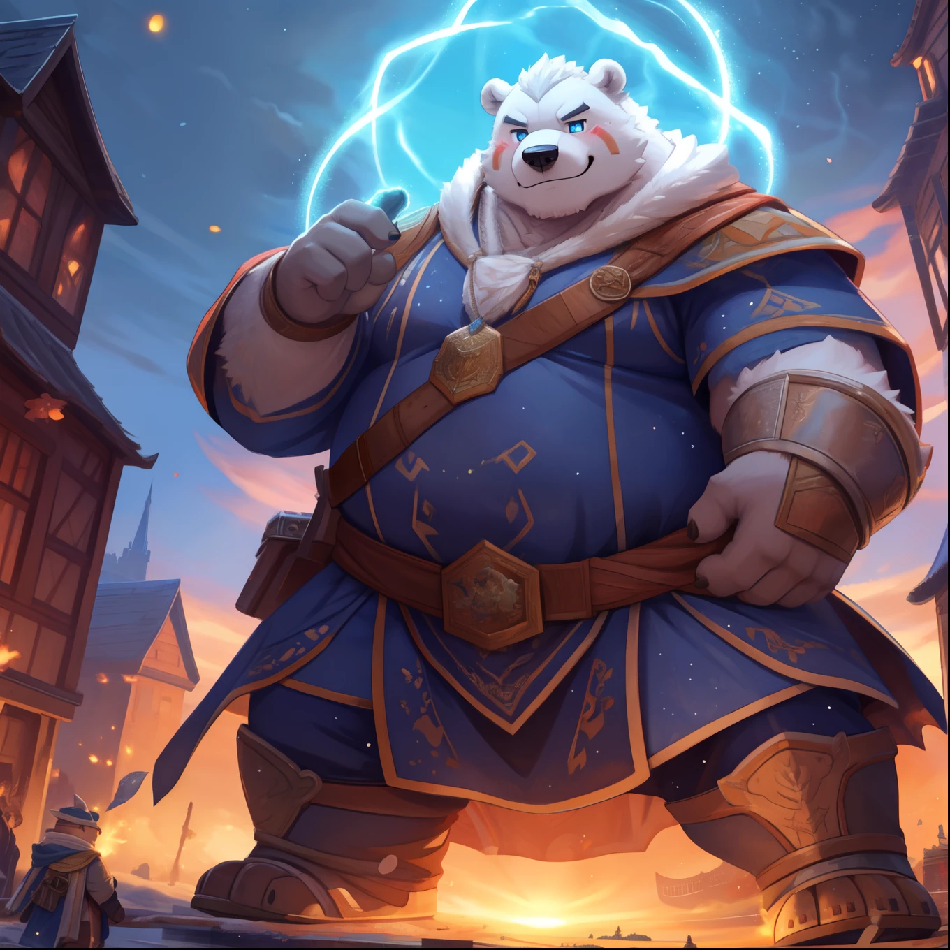 New Jersey 5 Furry，polar bear， white plush fur ， facing camera ，Exquisit， masterpiece,  high quality, Absurd,   soft light, Lonely, Clothing, mage,  detailed background , The, Middle Ages, Dynamic poses, magic, Elemental magic, luminescent ,  battlefield ，sweat，smile,  Character focus.  detailed background ,  amazing background ,particles.大师masterpiece， highest image quality ,4k quality，sweat,  Blush. oily，Lonely，pummelig，Fat，thick arms， Sturdy muscles ， white plush fur ， chubby ，  wear black eyebrows ， sky blue eyes ，bart，cover,  high resolution , Top quality,  best quality, Clothing, mage,  detailed background , The, Middle Ages, Dynamic poses, magic, Elemental magic, luminescent ,  battlefield ，smile，(Massiv:3.0, (  heavyweight ,stark,Macro, Emphasize ))