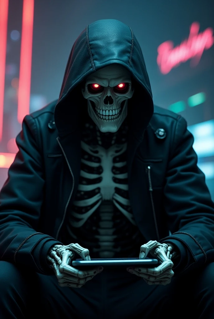 8k, Masterpiece, Top Quality, medium shot, eye-level, figure, skeleton-like face with glowing blue eyes, wearing white hoodie, complex metallic robotic hands, one hand raised, seated pose, dark background with glowing circuit patterns, bright colored lighting.

