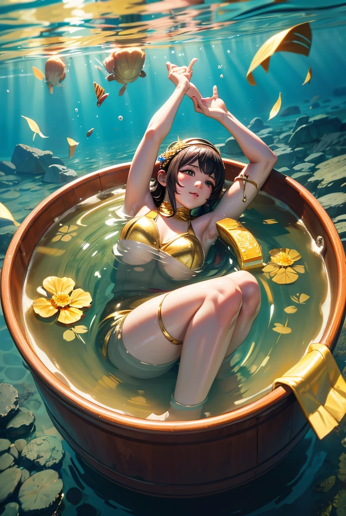 ((aroused ((dark tanned ((Venezuelan)) MILF)) sitting poolside while profusely touching and pleasuring herself, (wearing detailed yellow sheer swimsuit), (wearing antique lace necklace), (bright cute flower tattoos on arms and legs), (hand touching vulva with legs spread apart), high quality photo, sitting aroused in ecstacy poolside (with many tall potted cannabis sativa plants surrounding pool) during foggy sunrise, Venezuelan flag hanging in background