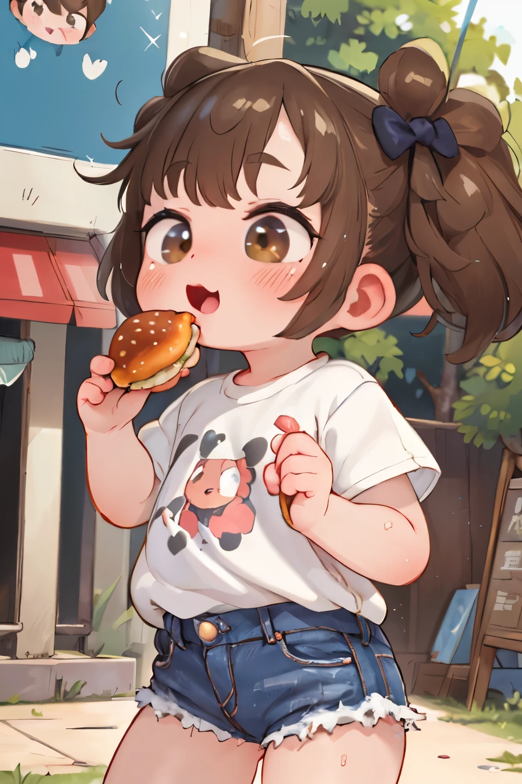 masterpiece,  several people having fun with each other while having very detailed な, Best Quality, Beautiful Gals , Sparkling Eyes, 両手で eatsハンバーガー,  hold a big hamburger with both hands ， eats, several people having fun with each other while having very detailed ， Hi-Res，masterpiece，16k，( light brown hair )，(( Brown Eyes ))， cute dark hair with twin tails ，iris， Short Bang ，Freckles，Very short， thick eyebrows，Very small ass， flat chest， very thin thighs， oversized white print t-shirt， Denim Miniskirt，(おいしいハンバーガーを eats:1.3)，()，surely: precise and detailed female fingers ，