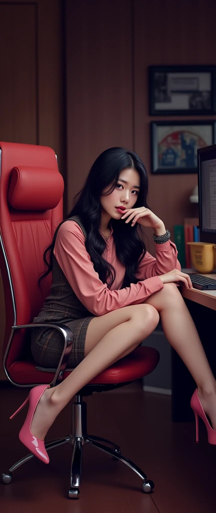 (masterpiece, high resolution:1.3), (photo of a Korean business executive:1.2), (wearing an elegant red outfit:1.2), (Sony Alpha 1 camera, ideal for capturing exceptional detail and realism:1.2), (paired with the Sony FE 24-70mm f/2.8 GM lens for a versatile and sharp portrait:1.2), (the executive exudes confidence and professionalism:1.1), (her posture displaying authority and poise:1.1), (her dark hair impeccably styled:1.1), (her makeup enhancing her natural beauty:1.1), (the office space decorated with a minimalist and sophisticated design:1.1), (clean lines and neutral colors creating a serene ambiance:1.1), (the executive seated comfortably in an ergonomic chair:1.1), (her desk organized and clutter-free:1.1), (a vase of fresh flowers adding a touch of elegance:1.1), (the subtle play of light and shadow enhancing the atmosphere:1.1), (a view of the cityscape through the window, symbolizing progress and ambition:1.1), (the photo capturing the executive's professionalism and dedication to her work:1.1), (the high-resolution image ensuring every detail, from her outfit's fabric to the textures of the furniture, is crystal clear:1.1), (a moment frozen in time, portraying the essence of a successful Korean executive:1.1), (an image that reflects competence, sophistication, and achievement:1.1), Cinematic, Hyper-detailed, insane details, Beautifully color graded, Unreal Engine, DOF, Super-Resolution, Megapixel, Cinematic Lightning, Anti-Aliasing, FKAA, TXAA, RTX, SSAO, Post Processing, Post Production, Tone Mapping, CGI, VFX, SFX, Insanely detailed and intricate, Hyper maximalist, Hyper realistic, Volumetric, Photorealistic, ultra photoreal, ultra-detailed, intricate details, 8K, Super detailed, Full color, Volumetric lightning, HDR, Realistic, Unreal Engine, 16K, Sharp focus, octane render