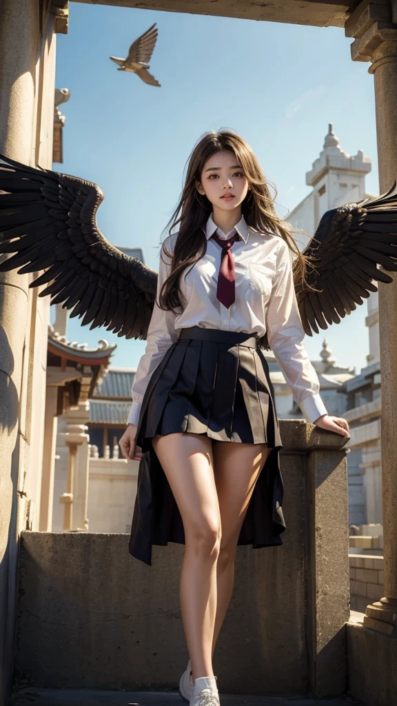 beautiful red-haired woman with long, straight hair falling under her shoulder, wings, with angel wings, wearing high school clothes, blouse with red tie and red mini skirt, black socks that go up to the knees and all star sneakers, red makeup around the eyes making a drawing on the face, purple eyes, red lipstick, a mole on the left side of the mouth, perfect face, expression of shame, cute expression, perfect body, round chest, big ass, thick thighs, whole body, detailed scenery, detailed photo, masterpiece, 8k, raw photo, perfect lighting