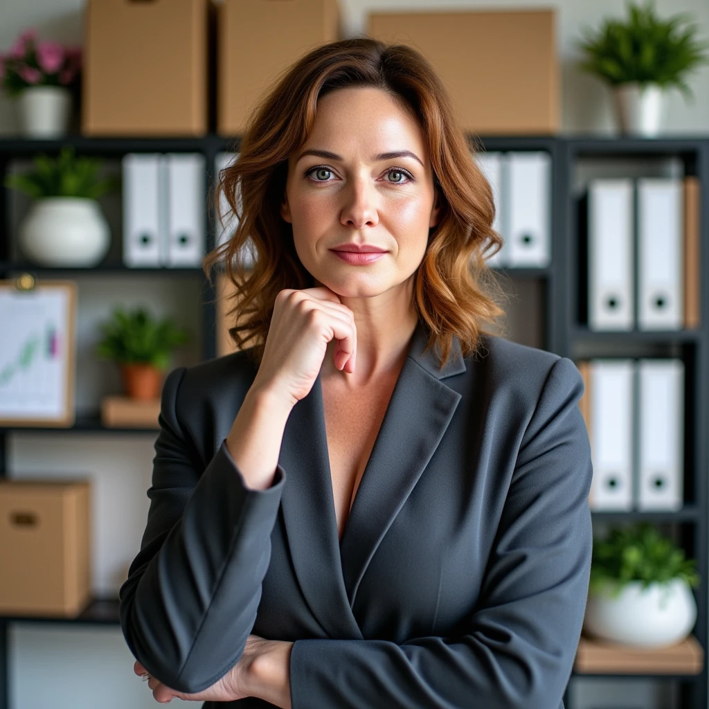 Photo of a middle-aged woman, around 45 years old, standing in a professional office environment, posed confidently with her hand resting thoughtfully on her chin and her other arm crossed across her waist. She has fair skin with faint lines around her eyes and mouth, giving her face a warm and wise expression. Her wavy brown hair is loosely tied back, with a few strands framing her face, adding a relaxed touch to her look.

She’s dressed in a tailored blazer and professional attire, exuding an approachable yet assured demeanor. Behind her, shelves are lined with neatly organized files, boxes, and a few personal touches like plants and charts, creating a professional, organized atmosphere. The lighting is natural and even, highlighting her composed expression and the thoughtful pose that conveys confidence and intelligence.