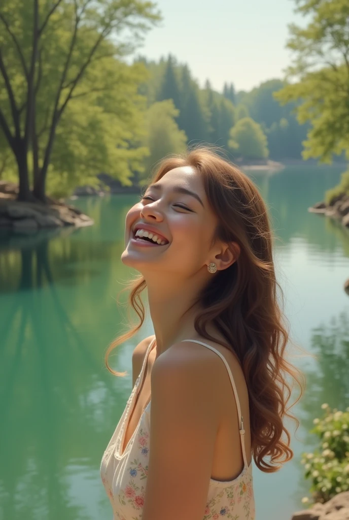 best quality, realistic, boat, 1girl, laugh , (birds on the boat)