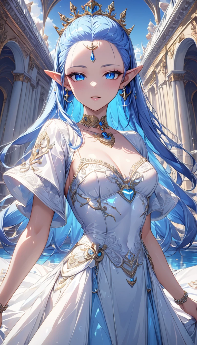 (((Best quality, 8k, Masterpiece: 1.3)), ((best quality)), ((masterpiece)), (detailed), perfect face, perfect body, (detailed skin:1.3), (intricate details), blue hair, ((hair slicked back)), forehead jewel, pointy ears, anchor choker, ray tracing, Royal Palace, Magnificent Dress, cowboy shot