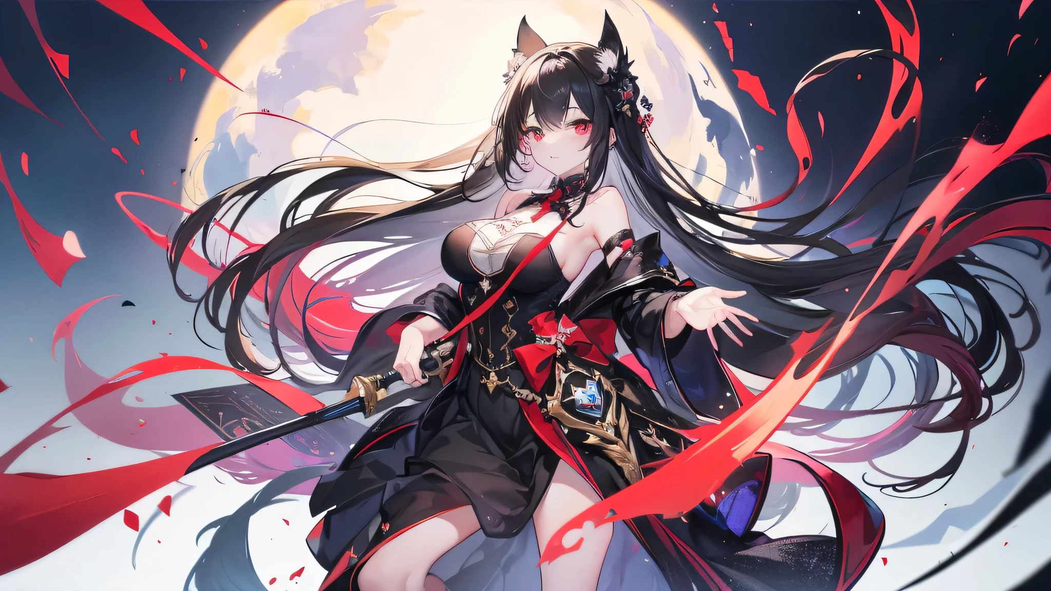 Exquisite eyes),(Clear and beautiful eyes:1.61),masterpiece, ung girl,(Black clothes and some red gems), Black long hair, (She has a huge red gem on her chest), Good Hand,((The Havoc of StarCraft)),full-body shot,Fighting Stance,(Red Eyes:1.466),short and small,(Very big breasts:1.35),(Pretty Face),(full-body shot:1.33),Beautiful hands