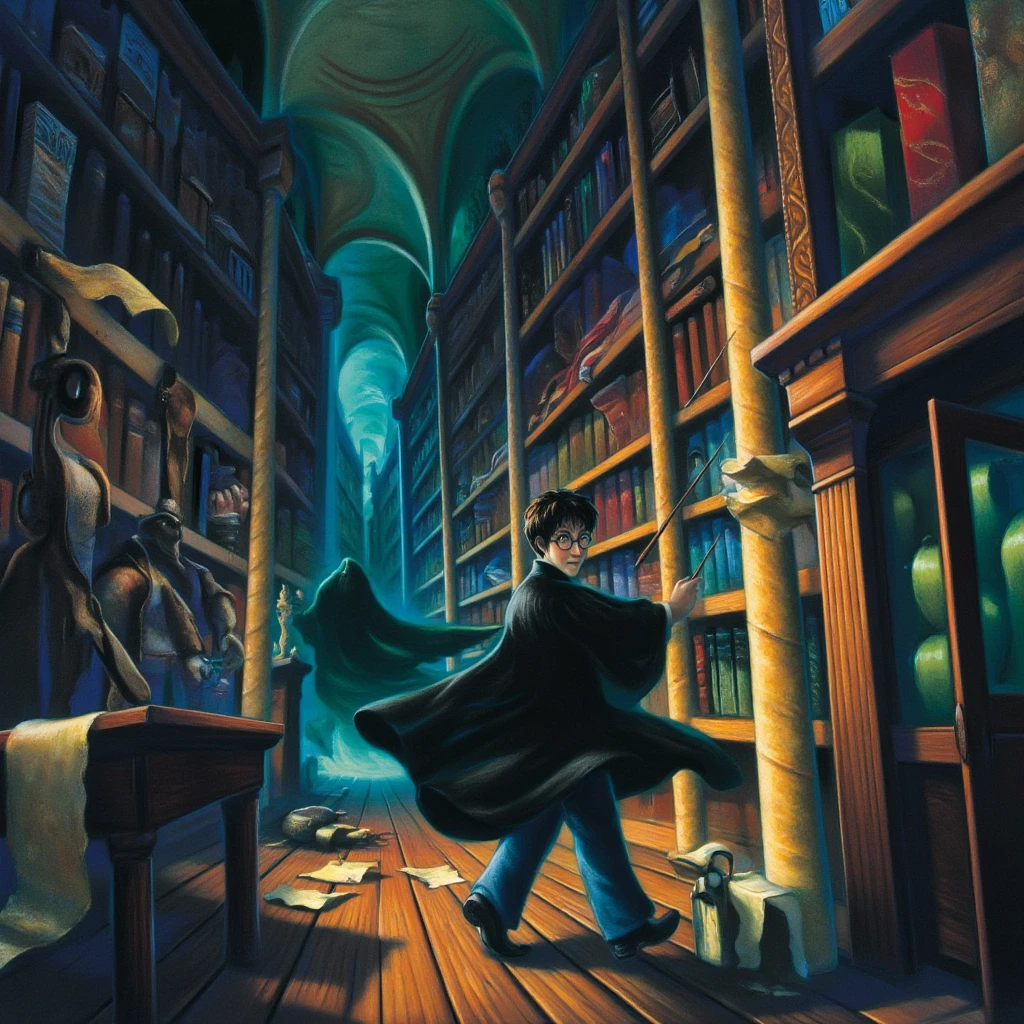 mrygp, Harry Potter moves cautiously through a vast, ancient library filled with towering shelves of scrolls and dusty tomes. His wand is raised, casting a soft glow that illuminates his path and reveals shadows lurking between the shelves. He looks over his shoulder with a wary expression, as if sensing something unseen watching him from the darkness. The air is thick with an eerie silence, broken only by the faint rustling of parchment as if the very books are alive with secrets, waiting to be uncovered.