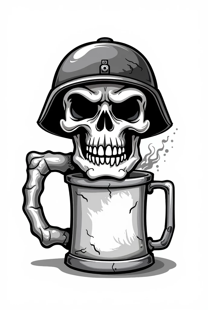 Mug print with black background and a skull with a float and knife in its mouth