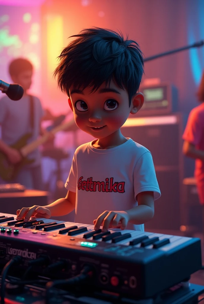 Image of a young brown-skinned boy, seen from COSTA, Inside a recording studio. He is wearing big headphones and is focused, with eyes closed, as if you were singing. The scene is illuminated by soft lights that highlight the modern ambiance of the studio.. The shirt he is wearing has the word 'VINEX' written on the back in large, stylized letters. The surrounding environment is professional and focused, with audio equipment visible in the background, indicating a high-quality studio for recording music