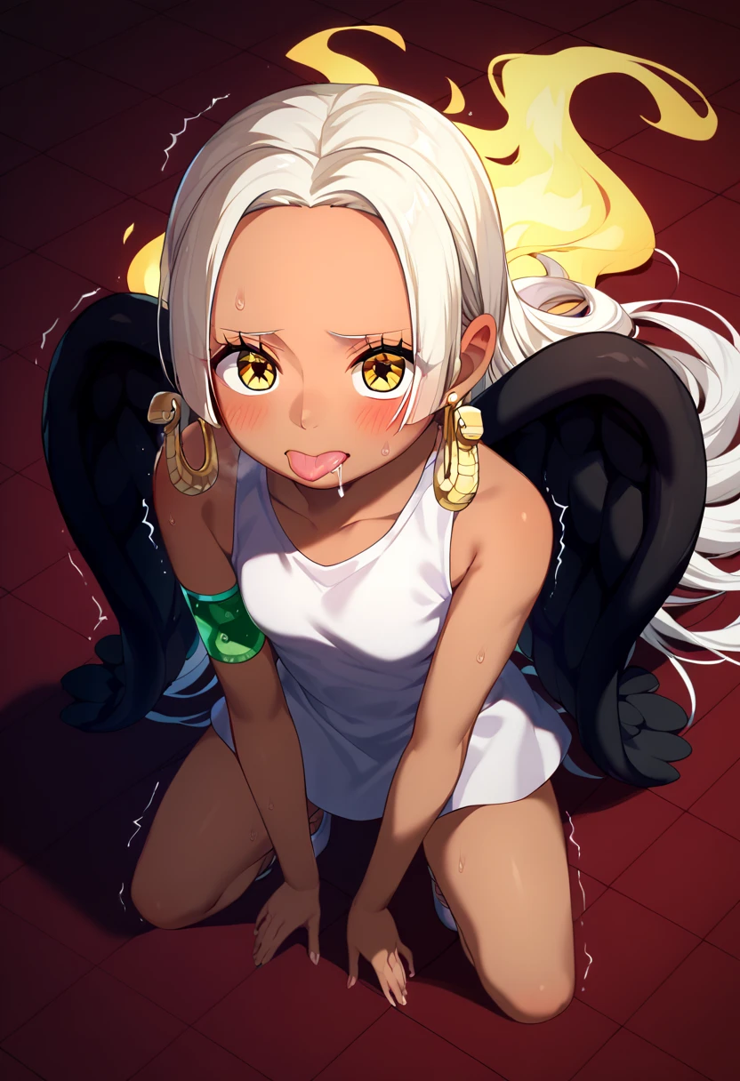 UHD, retina, textured skin, high details, high quality, best quality,  highres icon, 1080P, HD, 16k、1 Girl,Earthsnake , Long Hair, white hair, Brown Skin、,  earrings for a woman alone, Yellow Eyes, symbol-shaped pupils,  black wings  ,  small breasts.  sundress,  white dress,  sleeveless, armlet、 cute、Flames on the back、flat chest、full body、looking up、from above、squatting、 cute、 sexy、Stick one’s tongue out、embarrassed,blush、steam、sweat、wet、drooling、trembling、breathing