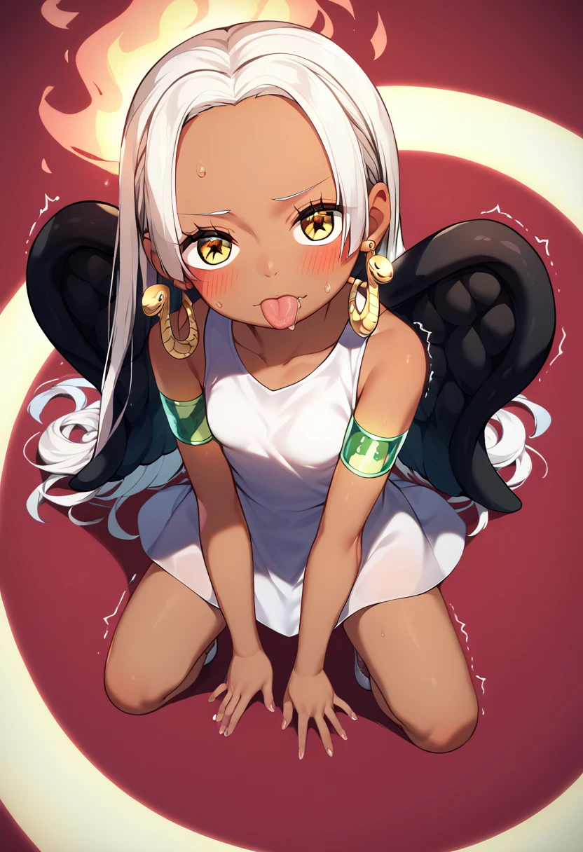 UHD, retina, textured skin, high details, high quality, best quality,  highres icon, 1080P, HD, 16k、1 Girl,Earthsnake , Long Hair, white hair, Brown Skin、,  earrings for a woman alone, Yellow Eyes, symbol-shaped pupils,  black wings  ,  small breasts.  sundress,  white dress,  sleeveless, armlet、 cute、Flames on the back、flat chest、full body、looking up、from above、squatting、 cute、 sexy、Stick one’s tongue out、embarrassed,blush、steam、sweat、wet、drooling、trembling、breathing