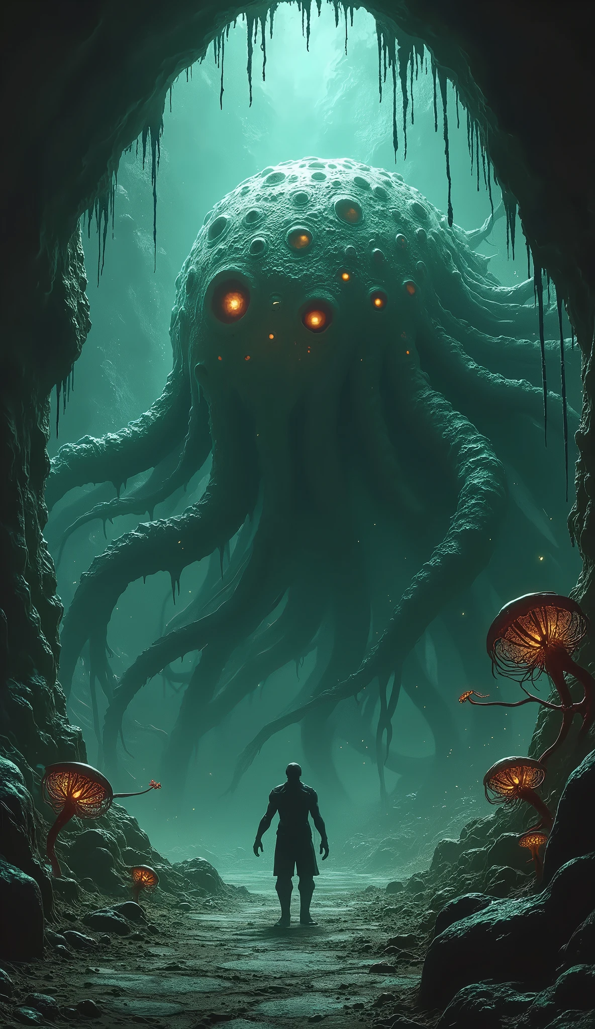 A colossal organic structure, with a central spiral shape and multiple tentacles extending from its core. The core is a large ocular sphere that continuously observes and emits beams of dark energy.. The structure is composed of an alien material that appears to pulse and move, emitting a dark, menacing glow.