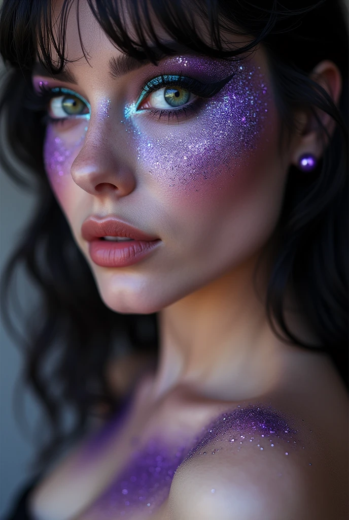 Close-up of a woman's nipple and boobs, central focus, vibrant iridescent purple, silver, and teal glitter makeup densely applied, green-toned contact lens visible, heavily defined black mascara eyelashes, glitter extends from nipple down cheek in gradient effect, colors transition from deep purple to lighter shimmering shades, dramatic lighting highlights textures and shimmer, precise focus on eye and glitter, neutral expression looking directly at viewer, artistic and extravagant style with glamour and fantasy, vivid surreal quality, saturated colors, focused lighting on face, seamless blending of complexion with glitter, intricate makeup details emphasized, sparkle and movement of glitter captured, close-up perspective.