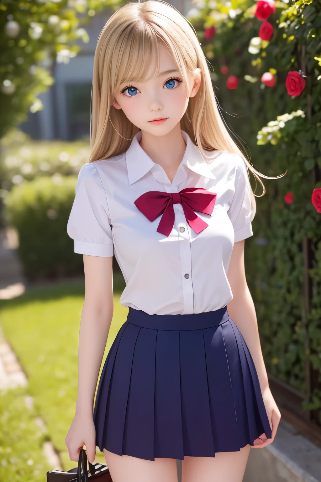 masterpiece,Best Quality, very detailed, Beautiful Girl, teenager, smaller breasts, thin waist,Blonde, perfect eyes, very cute, school uniform,Rose Garden