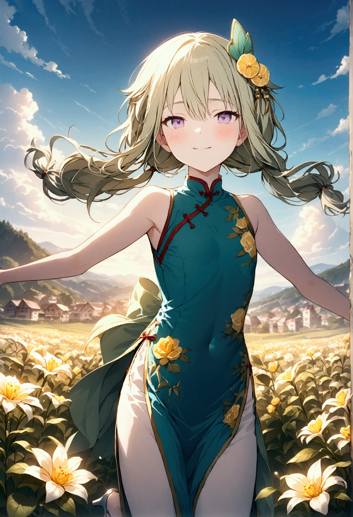 High image quality 、masterpiece、 High Quality  、Full HD、4K 、Side view、Kusanagi Nin々、Green long hair 、Yellow hair ornament、Pigtails、 purple eyes、slim、green china dress、 smile、Blushing cheeks 、Red  on cheeks、 flat chest、 they are dancing、 white high heels that float at full power、Surrounded by white flower fields、blue sky