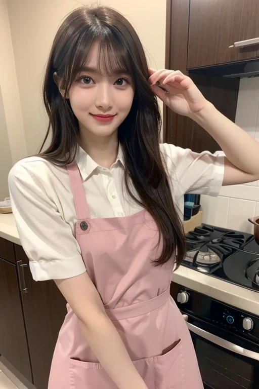 A woman cooking、(kitchin_aprons:1.Wear 3)、nice hand、4K、A high resolution、tmasterpiece、top-quality、wear cap:1.3、((hasselblad photograph))、Fine skin、foco nítido、(lighting like a movie)、Soft lighting、dynamic ungle、[:(详细的脸:1.2):0.2]、Medium chest、Sweat runs down the skin:1.2、(((In the kitchen))) Cute smile　Viewer's perspective　Colossal tits　tying  hair　Sleeveless　Extend your upper arm　Shoulders sticking out　cleanness　big kitchen　Beautiful kitchen　Wine glasses　posterior view　Behind　backs　Lift and tie up your hair