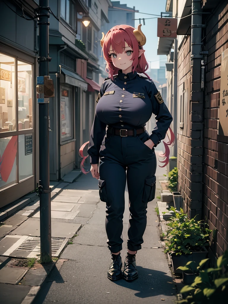 (​masterpiece, top-quality, hight resolution, Unity 8k, extremely details CG:1, Best Picture), Protagonist's viewpoint, ((Normal breasts)), Military uniform trousers, seductive smile, ilulu, horn, A woman standing in a gritty, urban slum setting. She wears casual clothing, slightly worn, with a thoughtful expression on her face. Background shows narrow alleys, weathered buildings, and graffiti on walls, dimly lit by nearby streetlights. The atmosphere is realistic, capturing the rough texture of the surroundings. Focus on her strong, resilient presence, as she stands alone in the scene.