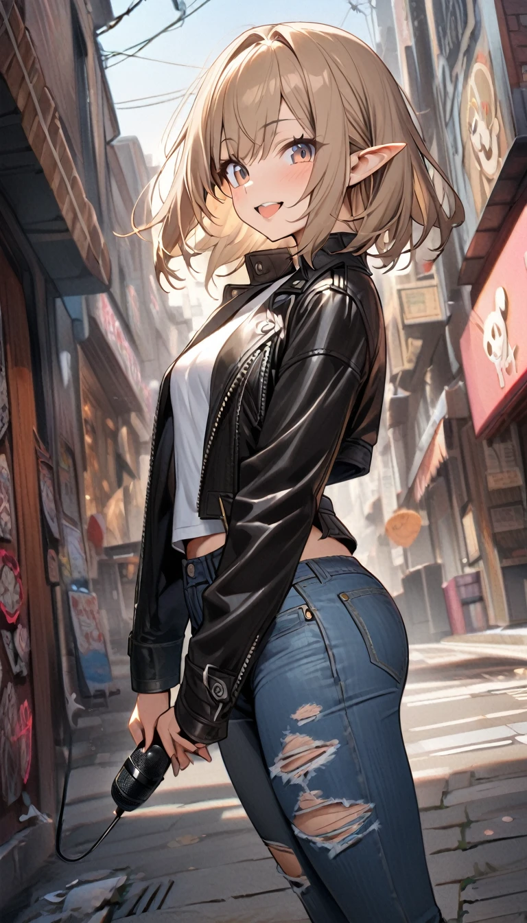  1 girl, Alone, Small breasts,  watching viewers,  wide hips, I々I have, Long Hair, Pointy ears,( light brown hair , short hair、),Best Quality、masterpiece、  ultra high resolution 、Beautiful smile、 Leather Jacket、street、 street, Voodoo symbols are scattered on the microphone of ripped ripped jeans  ,  Voodoo symbols are scattered on the microphone of.