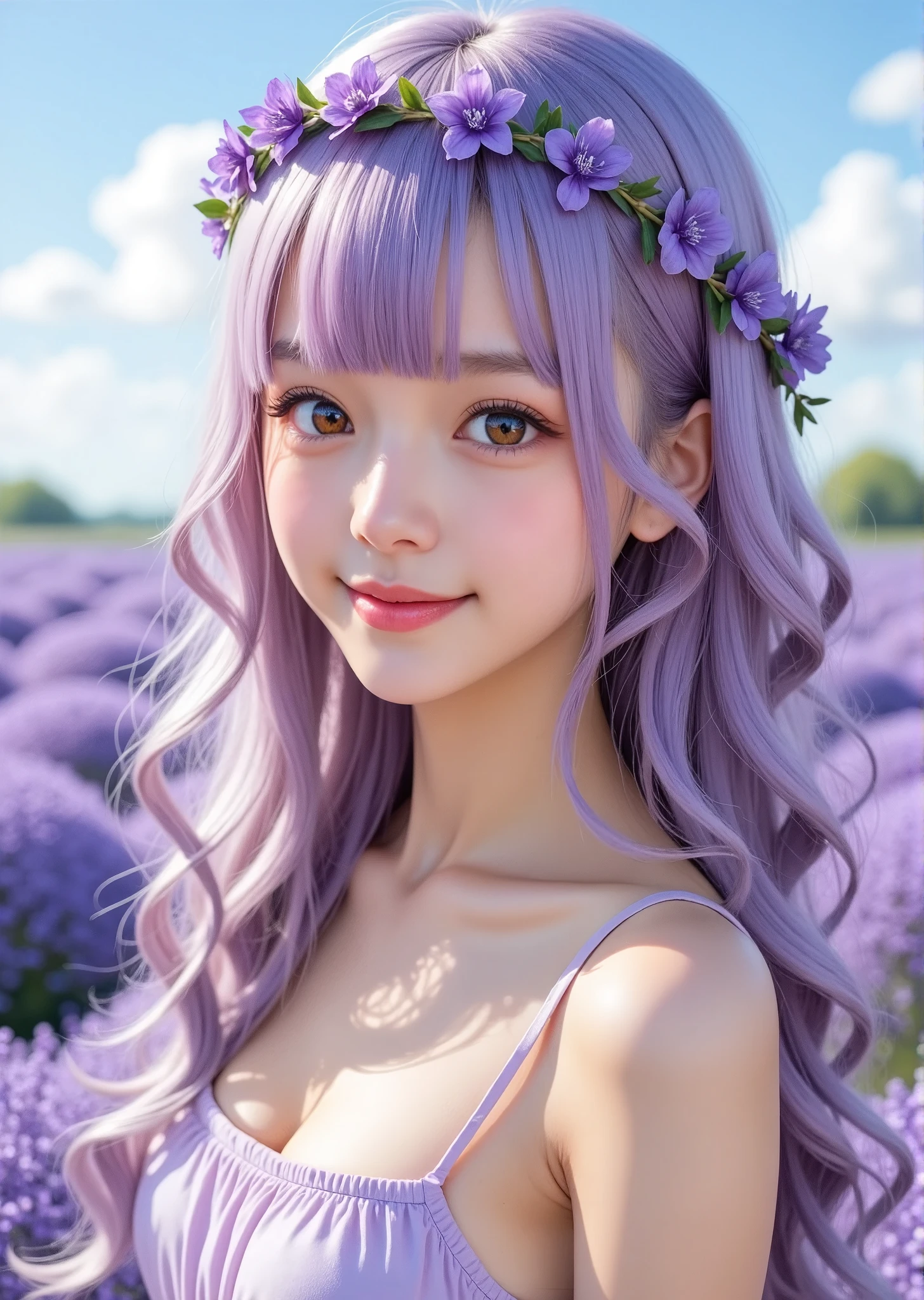 reality、 1 girl, Alone, young girl, happy expression , watching viewers, (Long Hair, light purple hair, bangs, Brown Eyes :1.3), clevis, Her hair flows gently curly . adorned with lavender wreaths 、 simple , Pale lavender dress . In the background、 A soft, fuzzy lavender field spreads out under a clear blue sky, perfect lighting