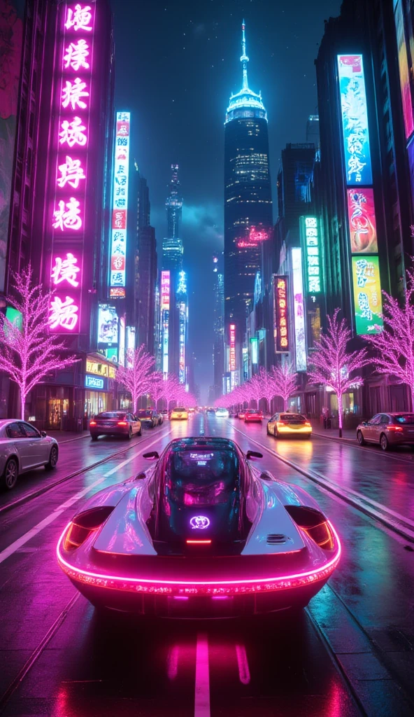 A hyper-realistic, ultra-detailed scene from the first-person perspective of a futuristic driver piloting a sleek, high-tech flying car through a neon-lit, towering metropolis at night. The car glides smoothly through the air, navigating between towering skyscrapers adorned with shimmering, Asian-inspired neon signs that flicker in electric hues of pink, blue, green, and gold. These dazzling lights reflect off the car's glossy surface and nearby buildings, casting vibrant, kaleidoscopic patterns across the cityscape.

The interior of the flying car is bathed in neon glow from outside. A cutting-edge dashboard features holographic displays projecting real-time data, navigation, and traffic updates onto the windshield, seamlessly integrating with the city’s holographic traffic signals. The driver maneuvers through organized air lanes filled with other hovering vehicles, their sleek forms flashing LED lights as they zip between buildings, creating a symphony of futuristic movement.

Outside, a misty rain falls, softening the sharp edges of the towering architecture and veiling the city in an enigmatic haze. Raindrops splatter rhythmically against the windshield, and high-tech wipers sweep silently, leaving trails of water droplets that catch the ambient neon light, turning each drop into a cascade of shimmering colors. As the car ascends and descends among the towers, the view constantly shifts, revealing digital billboards with animated advertisements—giant, holographic cats promoting noodle shops, dazzling fashion ads, and vibrant cybernetic art installations.

Far below, steam rises from vents, swirling ghostlike through the streets, while massive holographic dragons slither between buildings, adding to the surreal, electric atmosphere. The entire city feels alive, pulsating with energy. Every detail is perfectly focused: the rain-slick glass, the neon reflections, the swirling mist, and the bustling, sky-high urban world.