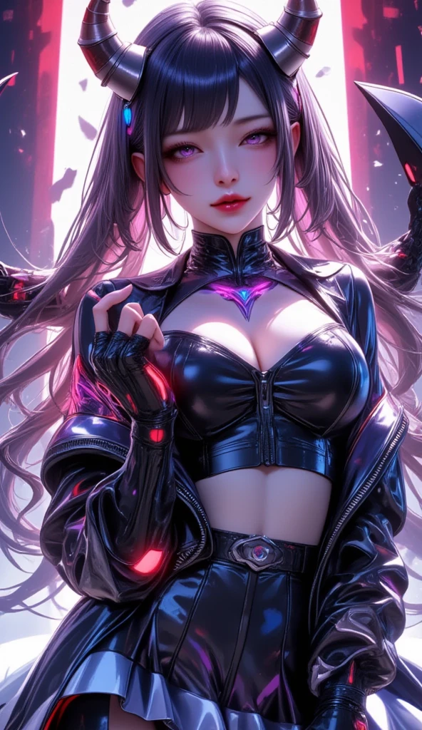 One young and beautiful woman,(Best Quality, very detailed depiction, Incredibly Absurd High Resolution ,High quality anime drawings:2.0),(Virtual idol wearing a cyber-inspired villain costume ),( Action Poses Like a Sci-fi Hero Show ),( The design combines futuristic and diabolical elements with classic maid features, villain style makeup with dark lipstick and eyeshadow , Cropped Jacket with Metal Shines and Epaulettes , Black Leathery High Neck Top ,Holographic pleated skirt with double hem and LED lights, Cyber Goggles or Glowing Hair Accessory , Metal Garter Belt or Chain belt , thick bottom platform shoes with glowing elements and mechanical details , red and neon blue accents based on metal silver and black , Strong cyberpunk feeling incorporating electronic lights and LEDs throughout the costume , Mechanical Horns Over Her Head , Mechanical Wings to Highlight a Cyberpunk Look ),(Purple Eyes, half-closed eyes, bewitching smile), full body image:2.0, standing:2.0,Inside electronic space , Virtual Space, Unreal World 