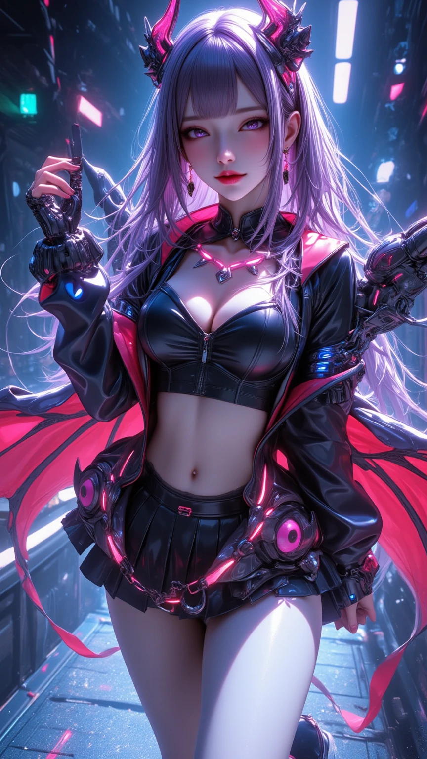 One young and beautiful woman,(Best Quality, very detailed depiction, Incredibly Absurd High Resolution ,High quality anime drawings:2.0),(Virtual idol wearing a cyber-inspired villain costume ),( Action Poses Like a Sci-fi Hero Show ),( The design combines futuristic and diabolical elements with classic maid features, villain style makeup with dark lipstick and eyeshadow , Cropped Jacket with Metal Shines and Epaulettes , Black Leathery High Neck Top ,Holographic pleated skirt with double hem and LED lights, Cyber Goggles or Glowing Hair Accessory , Metal Garter Belt or Chain belt , thick bottom platform shoes with glowing elements and mechanical details , red and neon blue accents based on metal silver and black , Strong cyberpunk feeling incorporating electronic lights and LEDs throughout the costume , Mechanical Horns Over Her Head , Mechanical Wings to Highlight a Cyberpunk Look ),(Purple Eyes, half-closed eyes, bewitching smile), full body image:2.0, standing:2.0,Inside electronic space , Virtual Space, Unreal World 