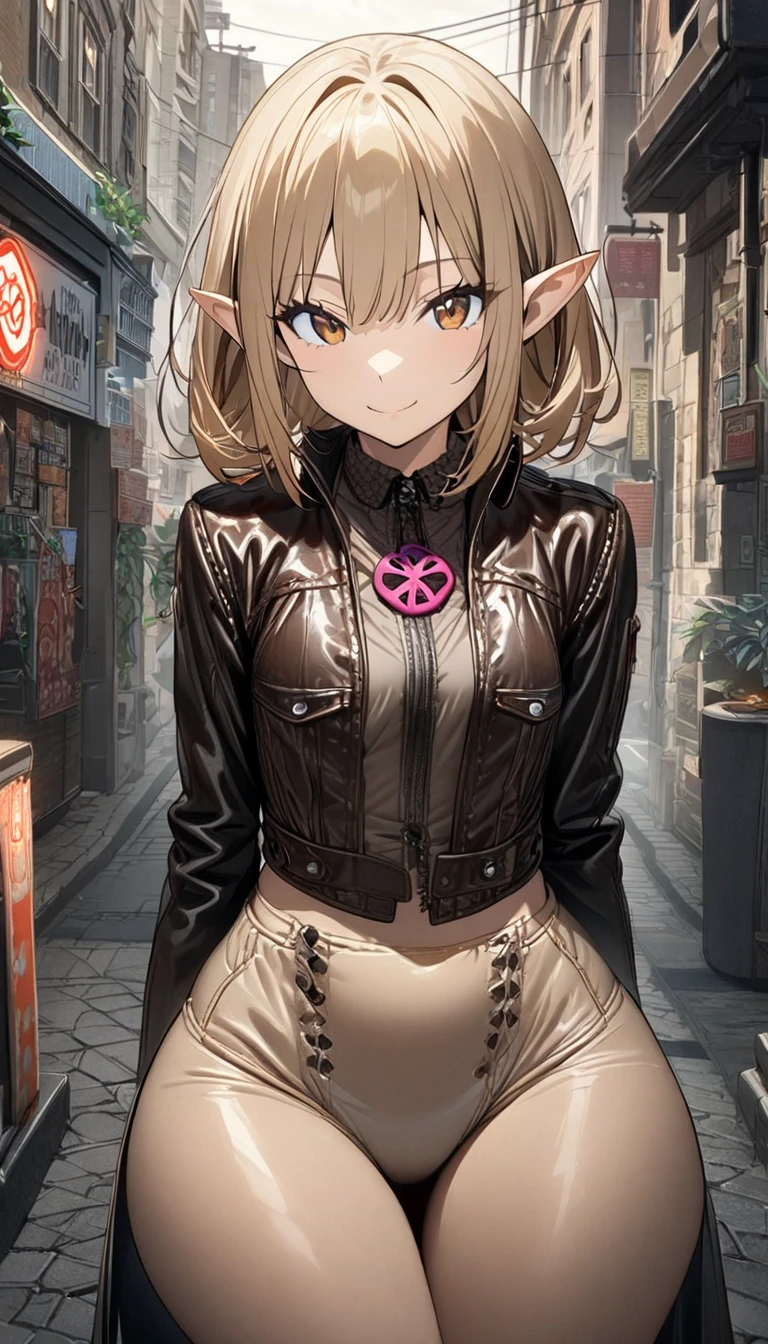  1 girl, Alone, Small breasts,  watching viewers,  wide hips, I々I have, Long Hair, Pointy ears,( light brown hair , short hair、),Best Quality、masterpiece、  ultra high resolution 、Beautiful smile、 Leather Jacket、street、 street, Voodoo symbols are scattered on the microphone of ripped ripped jeans  