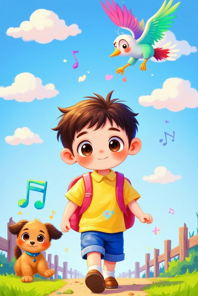 Cartoon，boy carrying schoolbag，A bird in the air。 is followed by a puppy。The musical note symbol 。it&#39;s clear， blue sky and white clouds，grassland