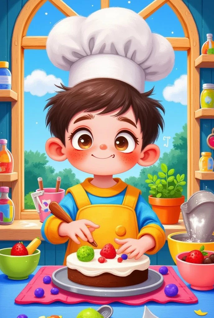 Cartoon， busy boy in the kitchen。Chef Hat 。cake dessert 。window。