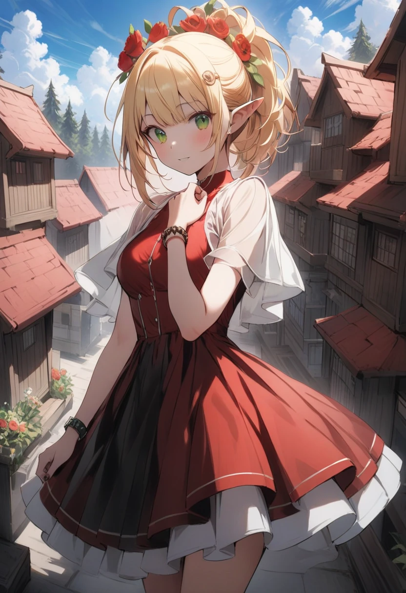 score_9, score_8_up, score_7_up, score_6_up, score_5_up, score_4_up, source_anime, young woman, elf,  blond hair,  short hair, Small ponytail ,  Dressed in a Green and Red Blouse,  Beautiful short fluffy skirt ,  ulybka,  Layered Tailoring , intricate clothing textures , patterns, Lush eyelashes , Eyelash Shadows,  Flower in hair in the form of a hairpin ,  Sewn Checkered Bracelet on the arm ,  Big Beautiful Emerald Eyes ,  Cute Woven Foot Shoes ,  Full Height,  Perfect anatomy ,  Background Patterned Forest Village ,  Trees with houses ,  Wooden Houses with Patterns ,  Fused Tree Houses , elfийский Городок,  Beautiful Sunny Weather , 8 k, masterpiece,  best quality ,  Complex Details , in highly detailed ,  maximum Quality ,  ultra quality,