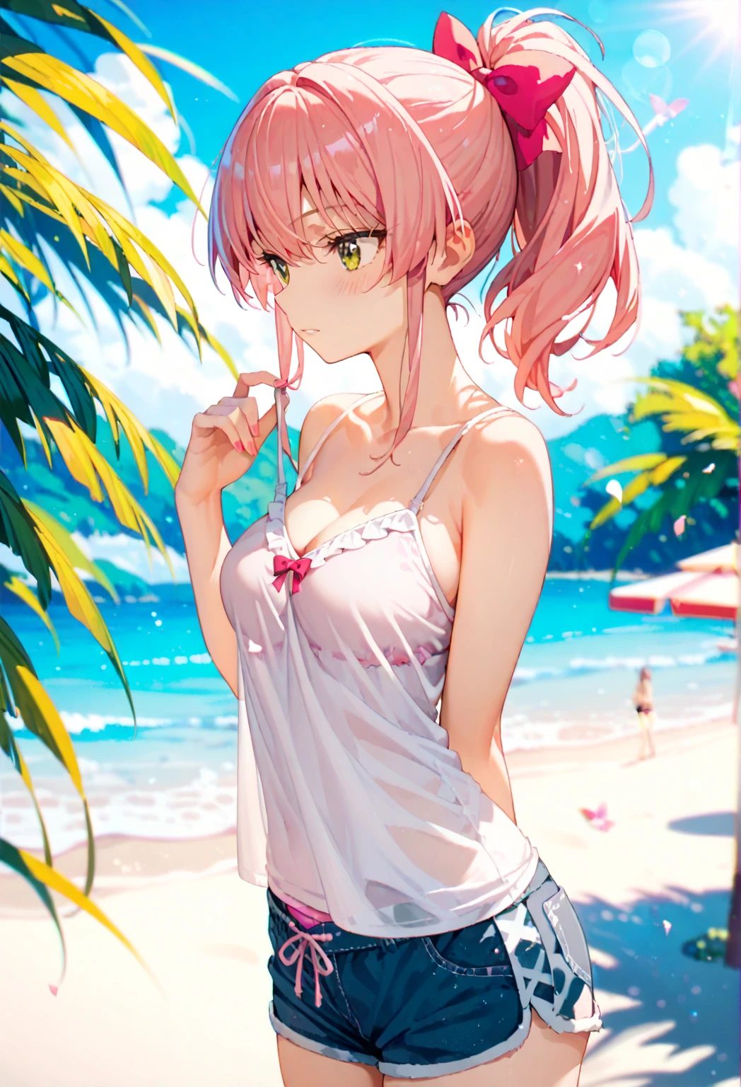 pink bikini, tan skin, rainy