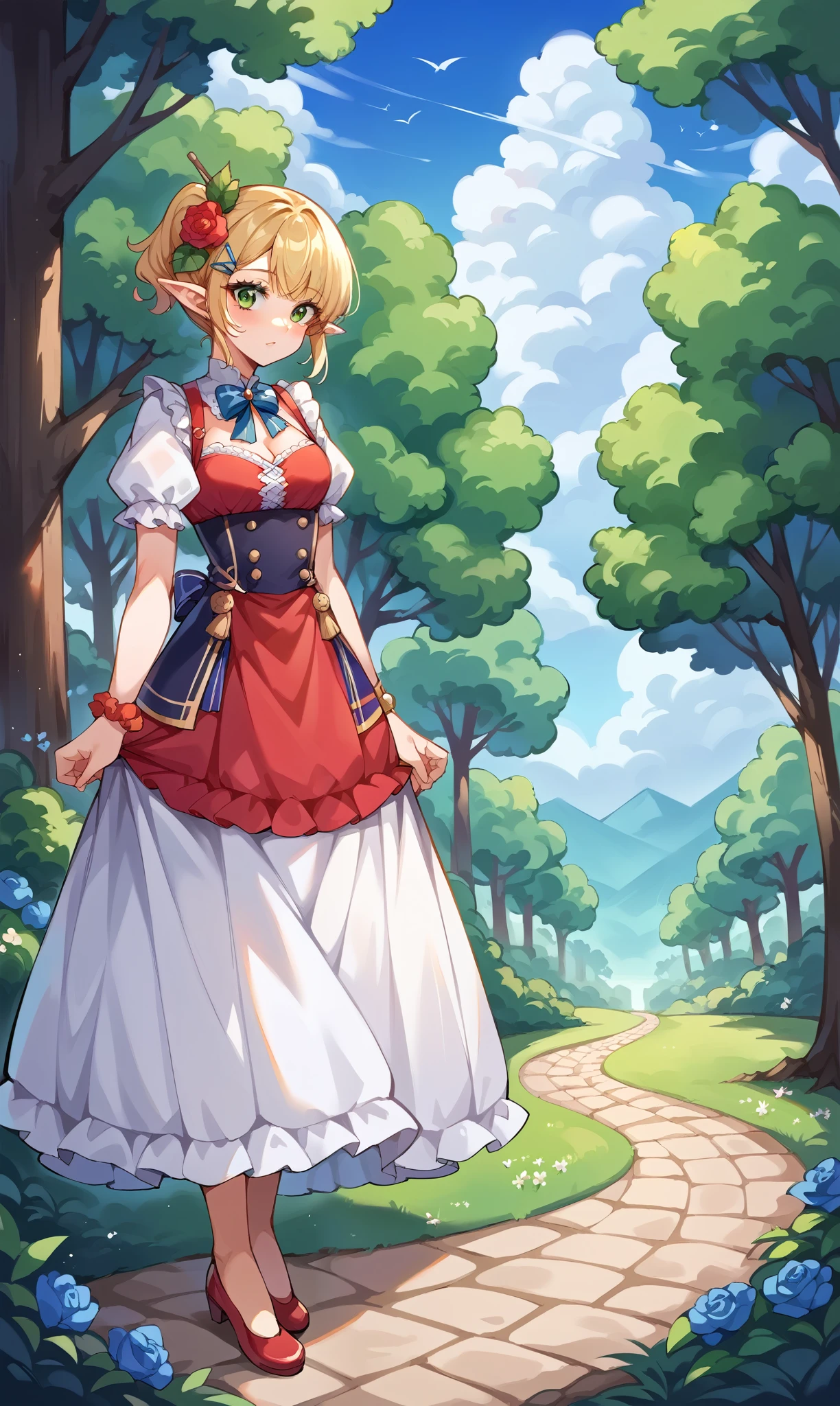 score_9, score_8_up, score_7_up, score_6_up, score_5_up, score_4_up, source_anime, young woman, elf,  blond hair,  short hair, Small ponytail ,  Dressed in a Green and Red Blouse,  Beautiful short fluffy skirt ,  ulybka,  Layered Tailoring , intricate clothing textures , patterns, Lush eyelashes , Eyelash Shadows,  Flower in hair in the form of a hairpin ,  Sewn Checkered Bracelet on the arm ,  Big Beautiful Emerald Eyes ,  Cute Woven Foot Shoes ,  Full Height,  Perfect anatomy ,  Background Patterned Forest Village ,  Trees with houses ,  Wooden Houses with Patterns ,  Fused Tree Houses , elfийский Городок,  Beautiful Sunny Weather , 8 k, masterpiece,  best quality ,  Complex Details , in highly detailed ,  maximum Quality ,  ultra quality,