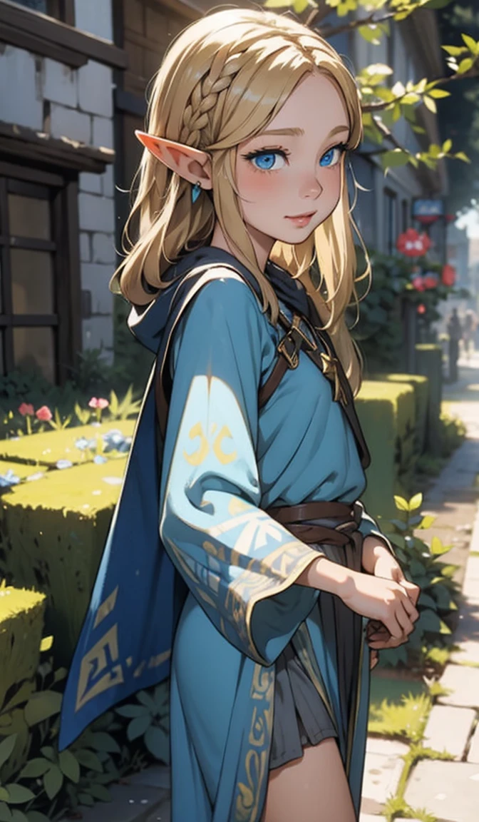 (masterpiece, best quality), solo, 10yo, 1girl walking happy around a medieval city, depth of field,full head, (dressing like zelda), cute, blonde long hair, elf ears, blue eyes