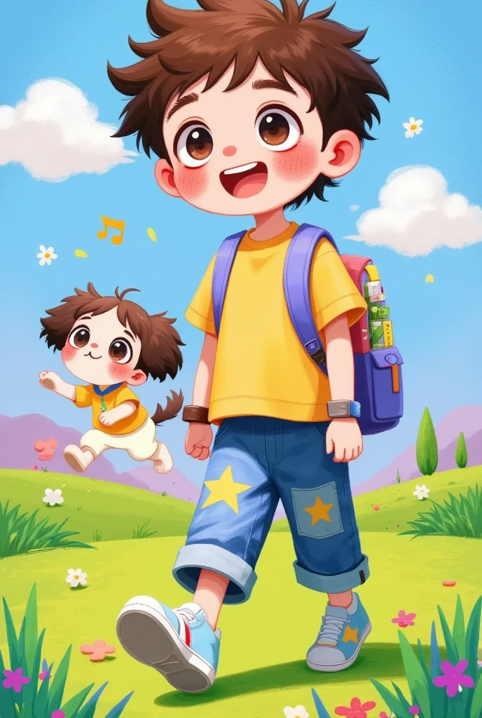 Cartoon，boy carrying schoolbag，Followed by a puppy。The musical note symbol 。it&#39;s clear， blue sky and white clouds，grassland