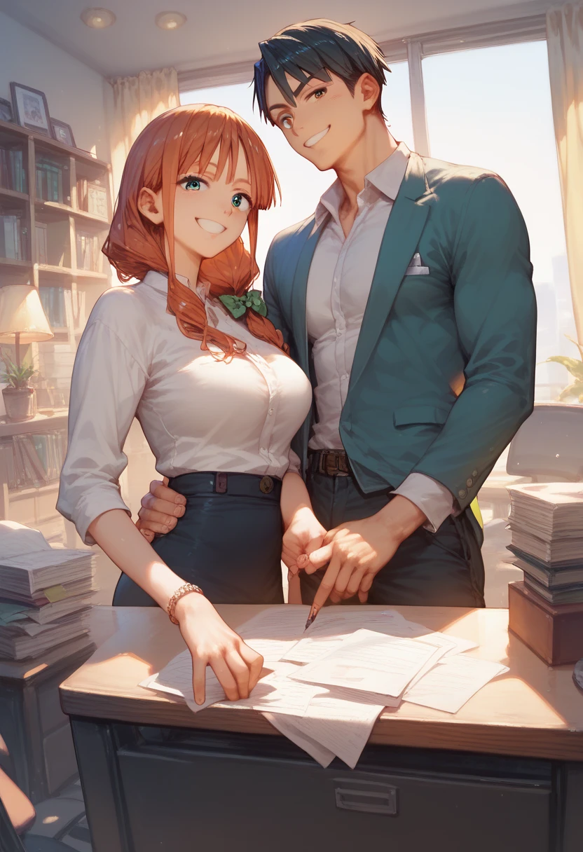 two people, Man in suit and black hair sitting in his office seat. A beautiful orange hair woman, perfect body, entering the office