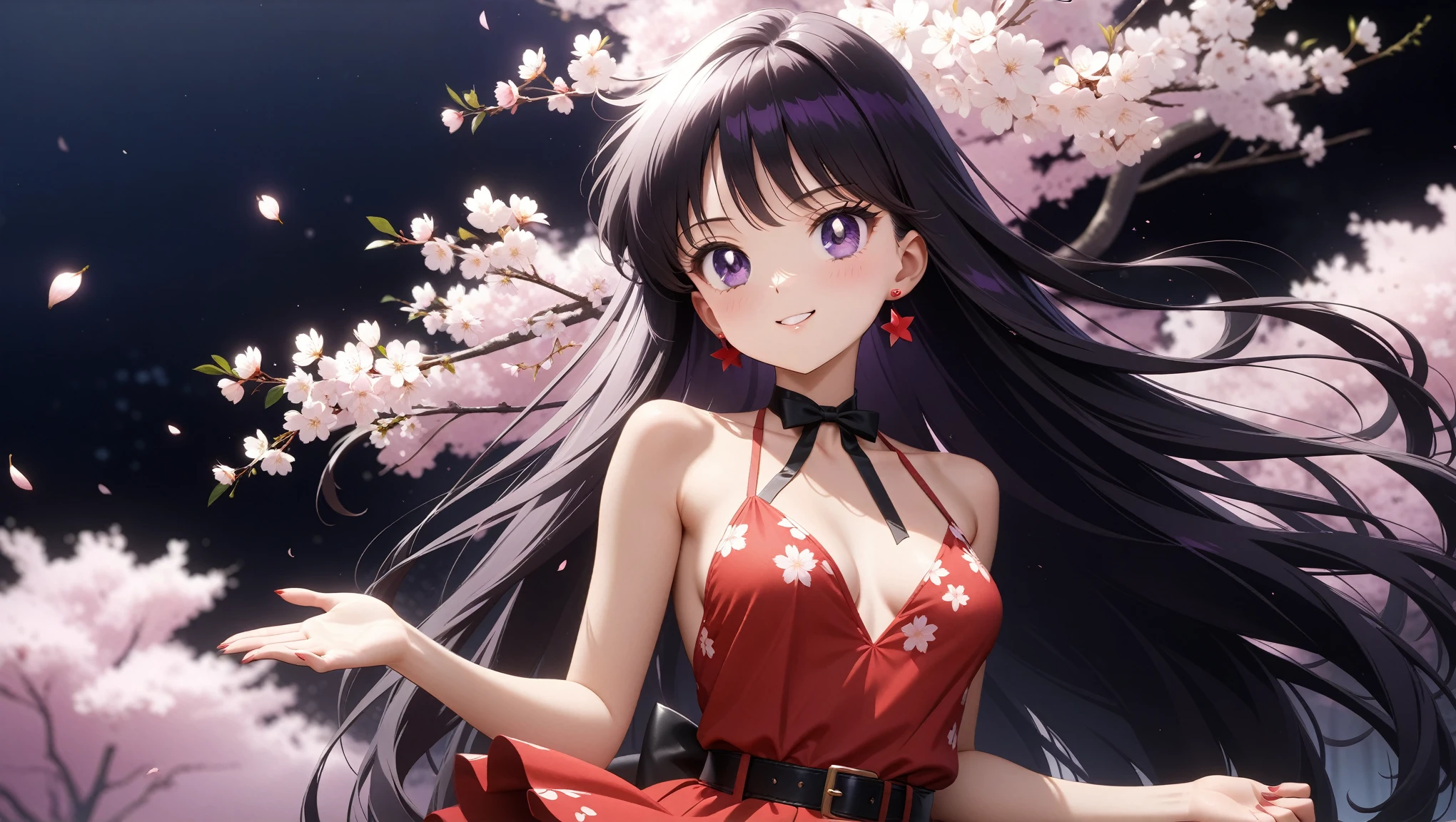 colorful, (masterpiece, best quality, very aesthetic , ultra detailed), intriguing details , 4K, long hair, black hair, hair combed to the side, earrings, purple eyes, small breast, 1girl, usagi's birthday, cute red dress with neck, white cherry blossoms printed, smile, black belt, detailed background, intricate details, black night, Various sexy poses, Depicts the whole body