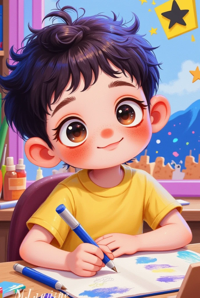  Cartoon boy,  This is a detailed painting ，写字✍中，Arts and Crafts,  art on artstation , Lovely realistic portrait , Lovely art style, Digital Anime Illustration,  exquisite digital art,  cute digital painting , Cartoon art style, 可爱的数字艺术, Cartoon art style, Character artist ,  animated illustration style 