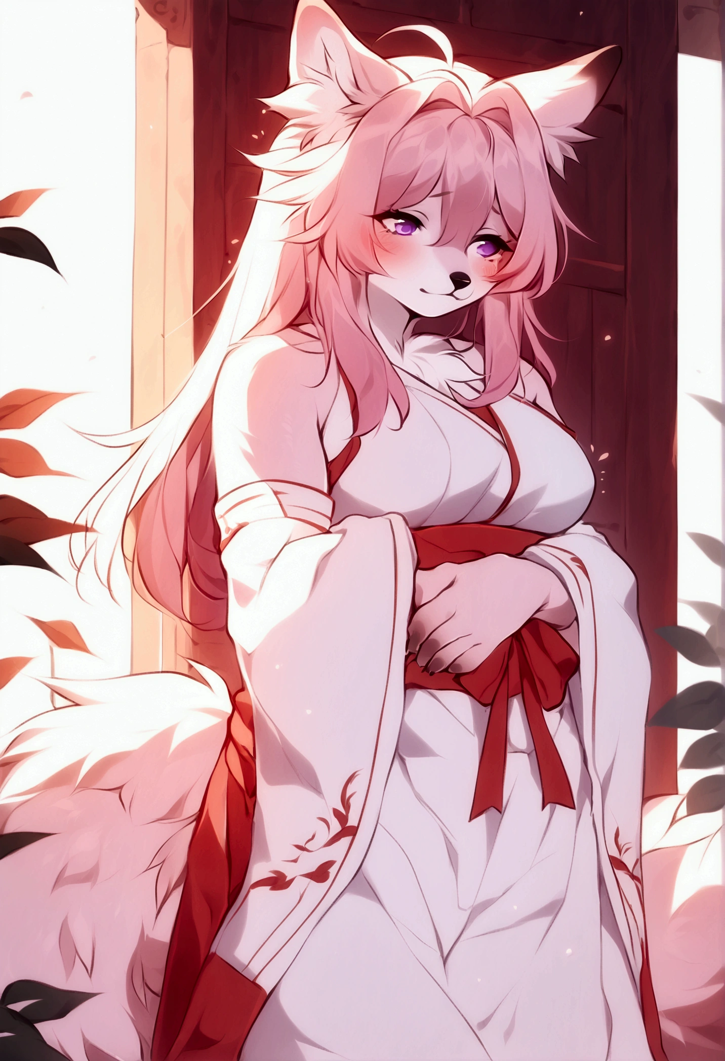 (top quality, best quality, Fumiko, High-quality illustrations, masterpiece, perfect artwork, cinematic light and shading, 16k, 1080p, uploaded on e621)(kemono, furry, anthro, alone), 1 mature female, (very detailed body, face, tail, arms, hands, legs, head and eyes), fox, Yae Miko, (Genshin Impact), hunter body, mature body, big breasts, pink fur, fluffy, fluffy tail, shrine maiden long hair, perfect eyes, purple eyes, black pupils, beautiful shrine dress, beautiful legwear, beautiful shrine garden, body movement, body twitching, red blushing, shy, protective behavior, full body view