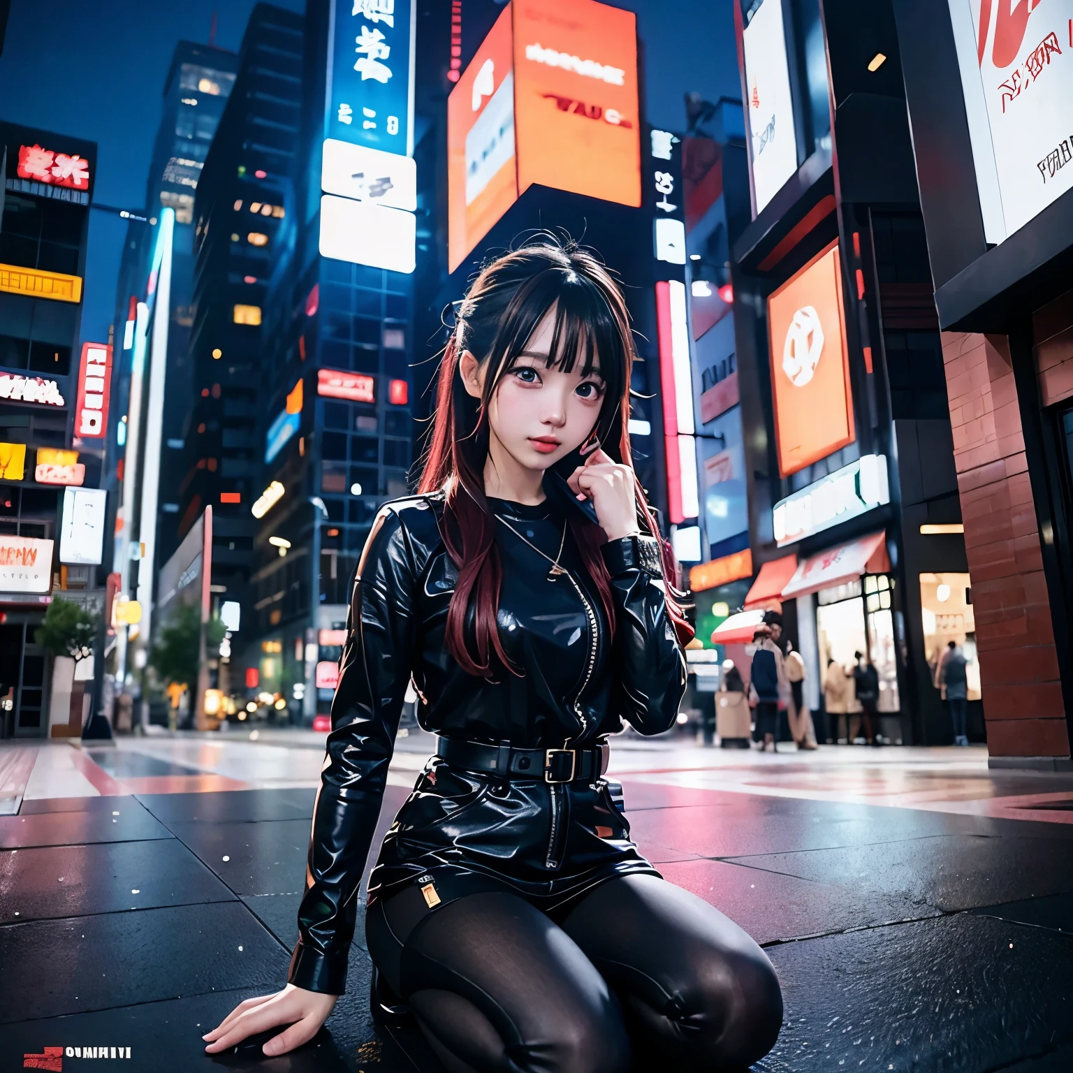 Anime girl kneeling on the ground in the city at night, Cyberpunk art by Yuumei,  trending on pixiv ,  pixel art , Anime Style 4 k, Anime atmosphere, Anime Style. 8k, 4k anime wallpaper, Digital anime illustration,  Beautiful anime girls are crouching,   digital animation art  , Digital cyberpunk anime art, Anime Style illustration, Anime Styled digital art