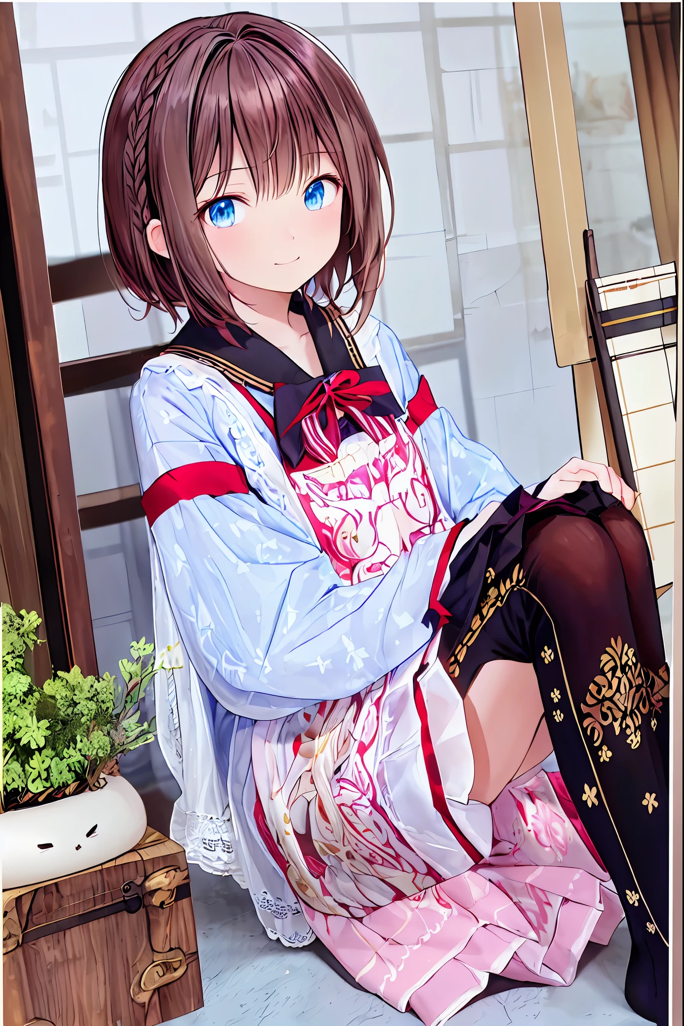 (Original photo, 最 High Quality ), (Practical, photoPractical: 1.2), (Round face: 1), 1 girl, Outdoor selfie, ( High Detail Skin : 1.2), (Swollen eyes), (Sagging under the eyes), smile, clavicle, , Brown and black straight hair, Pure Black Pleated Skirt , soft writing, High Quality , cityscape, skyline, knight , rain, Wet, Professional Lighting, photon mapping, radio city, Physically Based Rendering,Brown Hair, shortcut, unkempt hair,Short braided hair,Neat,Slender beauty,Correct posture,Small chest,Beautiful legs, enchanting gray-blue eyes shine like stars,Droopy eyes, bright color , beautiful eyes,繊細なsmile,Textured Skin, best quality best , gentle and beautiful woman , anime style、