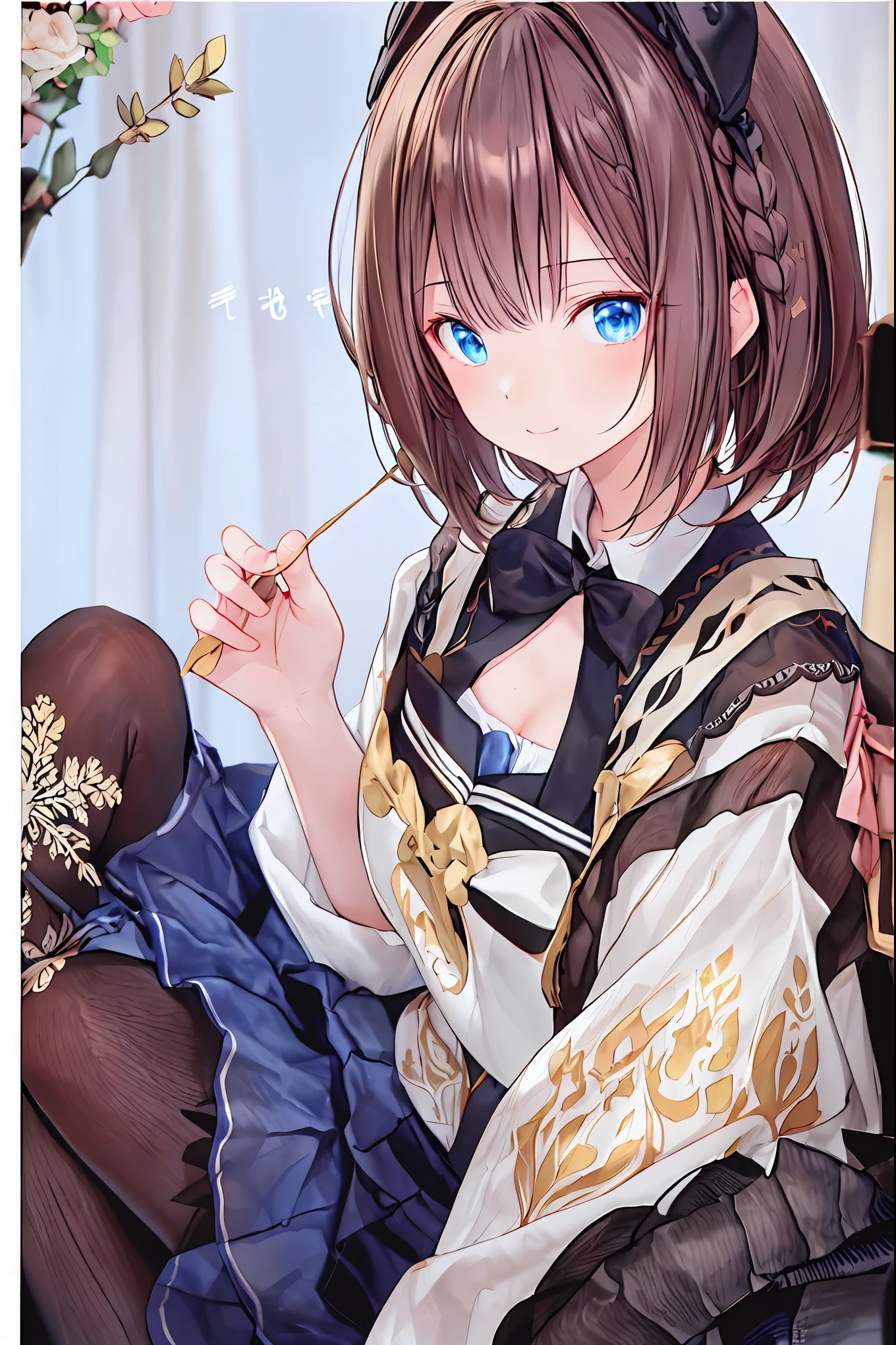 (Original photo, 最 High Quality ), (Practical, photoPractical: 1.2), (Round face: 1), 1 girl, Outdoor selfie, ( High Detail Skin : 1.2), (Swollen eyes), (Sagging under the eyes), smile, clavicle, , Brown and black straight hair, Pure Black Pleated Skirt , soft writing, High Quality , cityscape, skyline, knight , rain, Wet, Professional Lighting, photon mapping, radio city, Physically Based Rendering,Brown Hair, shortcut, unkempt hair,Short braided hair,Neat,Slender beauty,Correct posture,Small chest,Beautiful legs, enchanting gray-blue eyes shine like stars,Droopy eyes, bright color , beautiful eyes,繊細なsmile,Textured Skin, best quality best , gentle and beautiful woman , anime style、