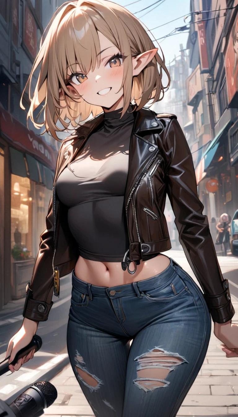  1 girl, Alone, Small breasts,  watching viewers,  wide hips, I々I have, Long Hair, Pointy ears,( light brown hair , short hair、),Best Quality、masterpiece、  ultra high resolution 、Beautiful smile、 Leather Jacket、street、 street, Voodoo symbols are scattered on the microphone of ripped ripped jeans 